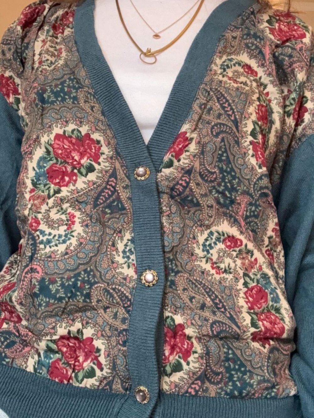 Ciao Lucia Vintage Teal Floral Paisley Knit Cardigan Pearl Buttons Oversized M